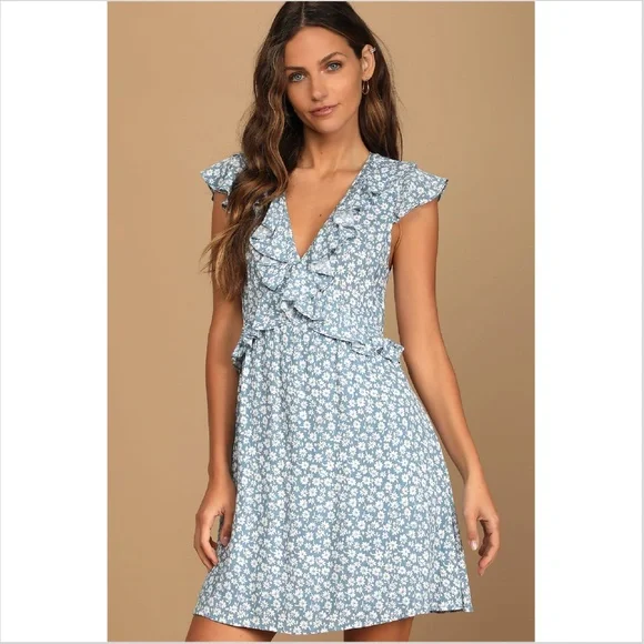Lulus Dresses Like New Lulus Blue Daisy Floral Print Mini